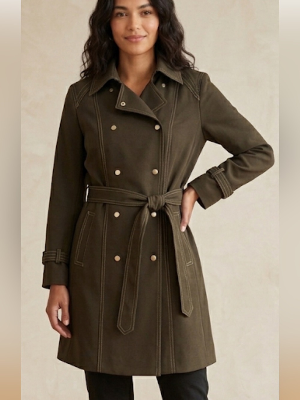 Untx Double-Breasted Trench Coat Self-Tie Belt Contrast Stitching Sz SP